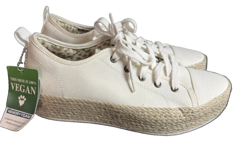 Skechers BOBS Women’s 7 White Canvas Platform Espadrille Sneakers Memory Foam